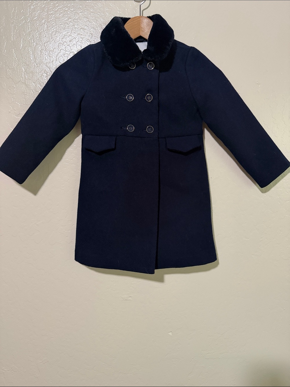 Janie and Jack Girls Navy Double-Breasted Dress Coat Faux Fur Collar 3-4T